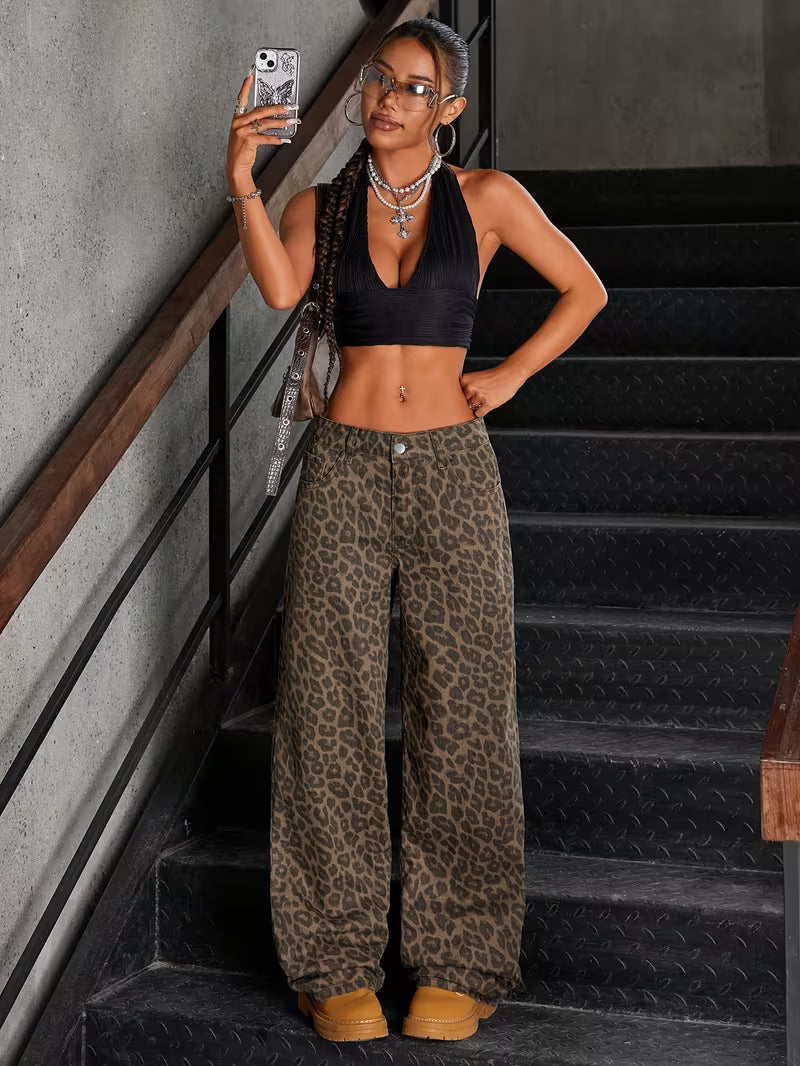 Leopard Print Straight-Leg Denim Pants