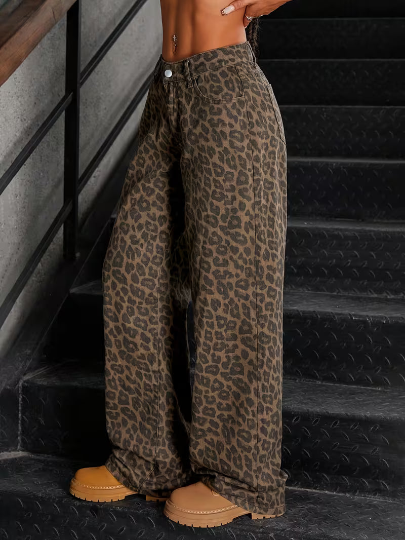 Leopard Print Straight-Leg Denim Pants