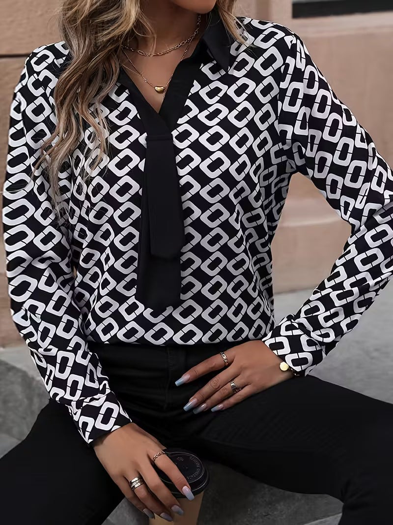 Geometric Print Long Sleeve Tie-Neck Blouse