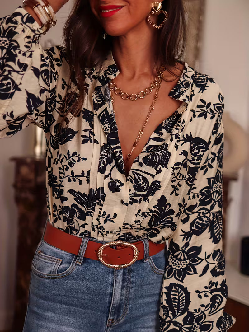 Navy & White Botanical High-Collar Blouse
