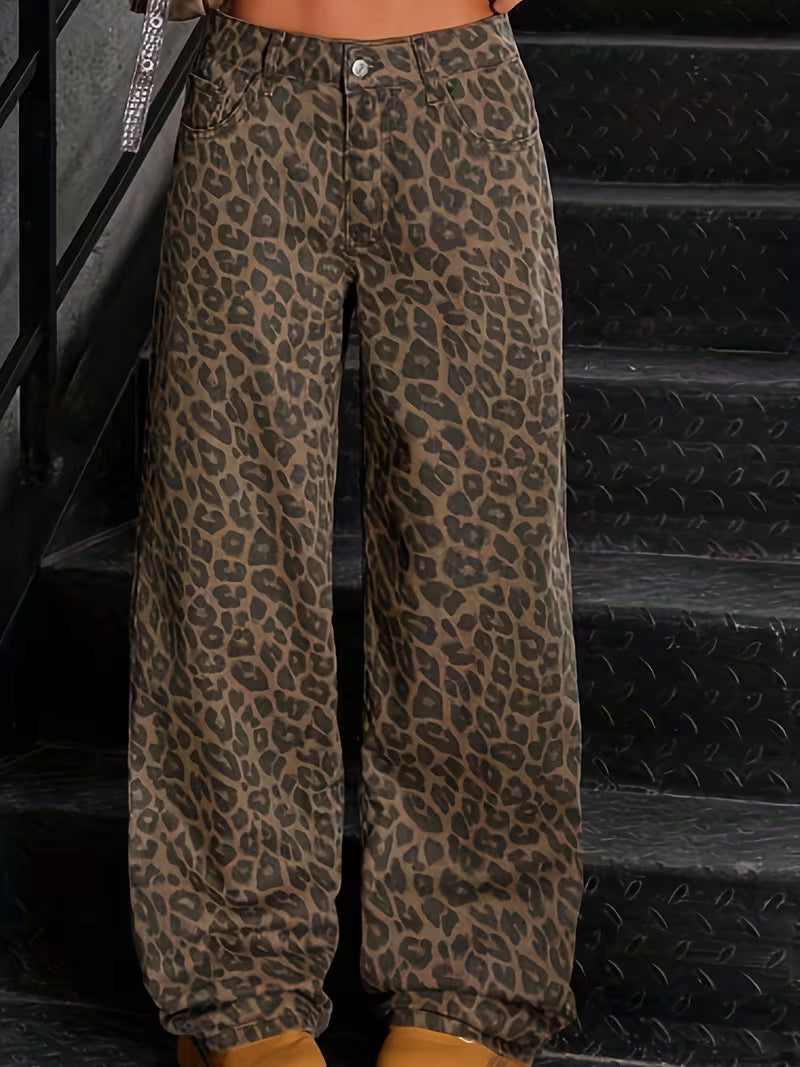 Leopard Print Straight-Leg Denim Pants