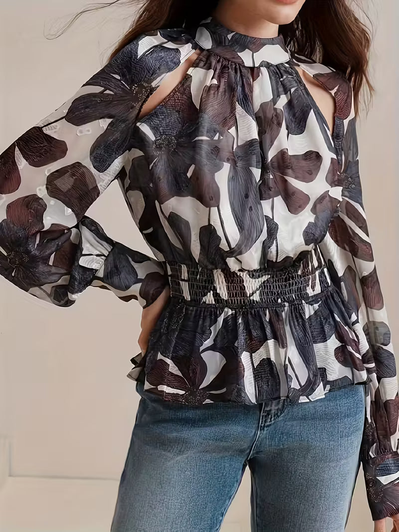 Floral Cutout High-Neck Long Sleeve Blouse