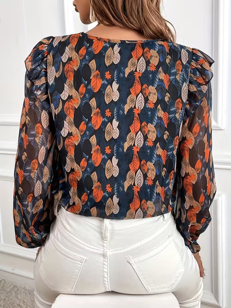 Floral Sheer V-Neck Long Sleeve Blouse