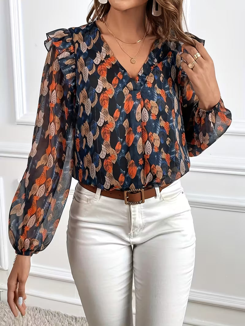 Floral Sheer V-Neck Long Sleeve Blouse