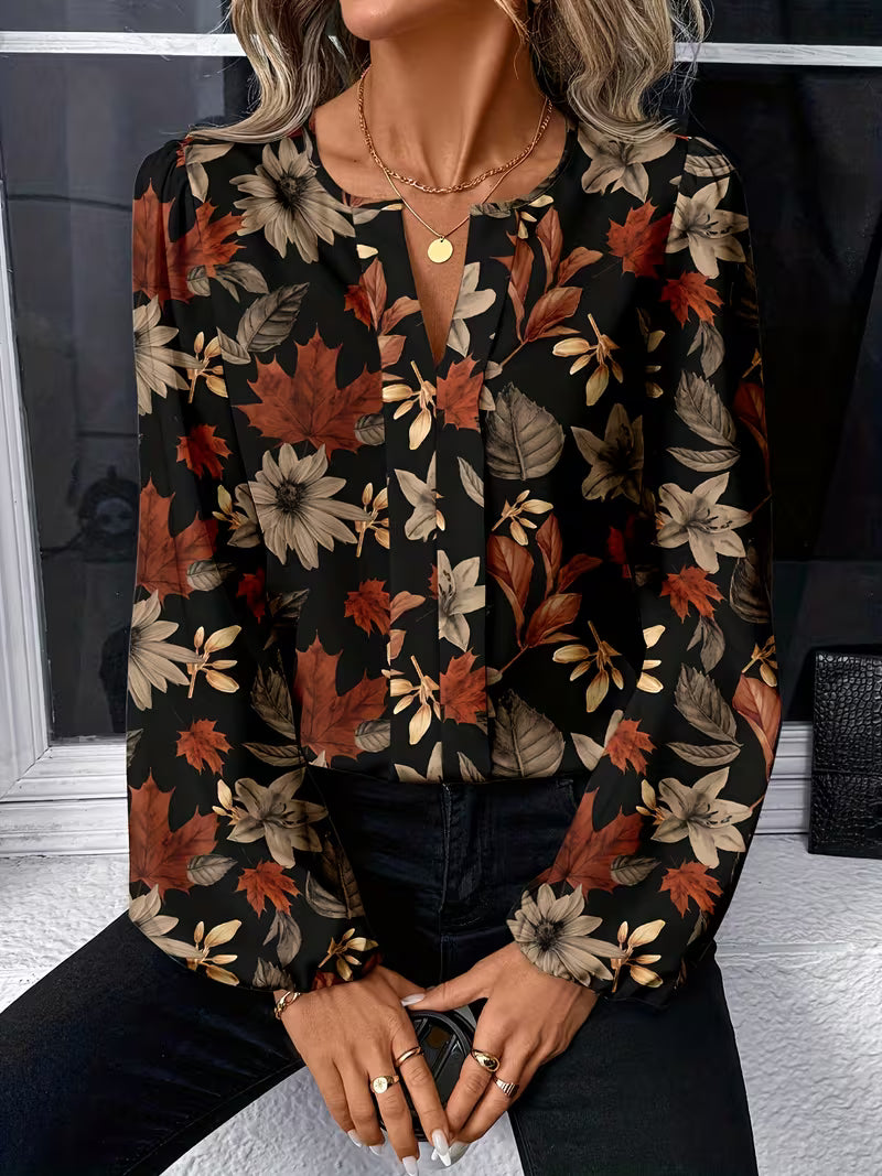 Autumn Floral V-Neck Long Sleeve Blouse