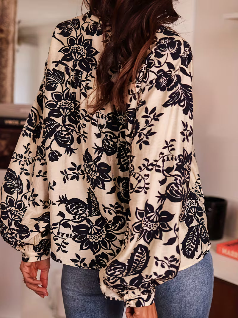 Navy & White Botanical High-Collar Blouse