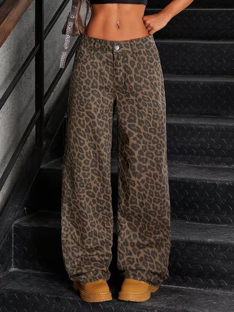Leopard Print Straight-Leg Denim Pants