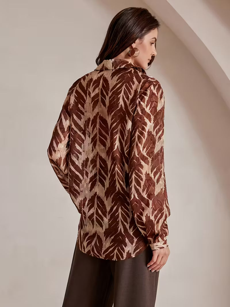 Vintage Tropical Leaf Print Long Sleeve Blouse