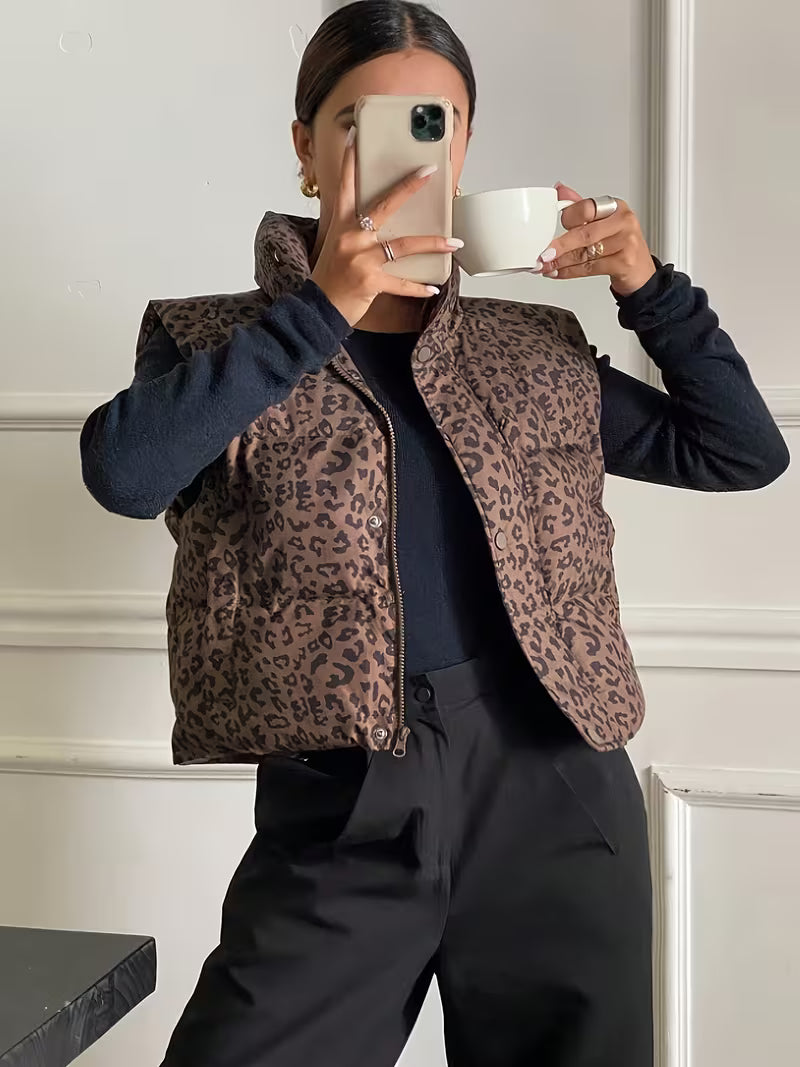 Elegant Leopard Puffer Vest