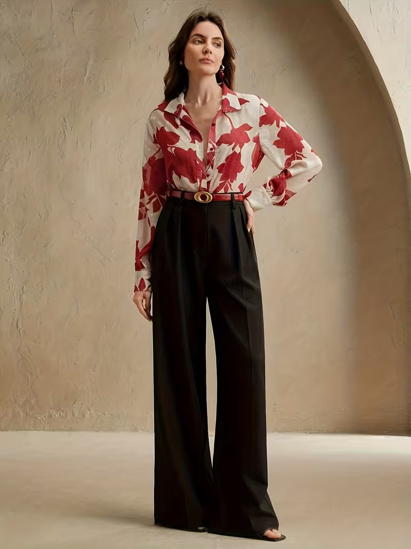 Red & Ivory Floral Long Sleeve Blouse