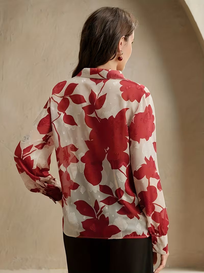 Red & Ivory Floral Long Sleeve Blouse