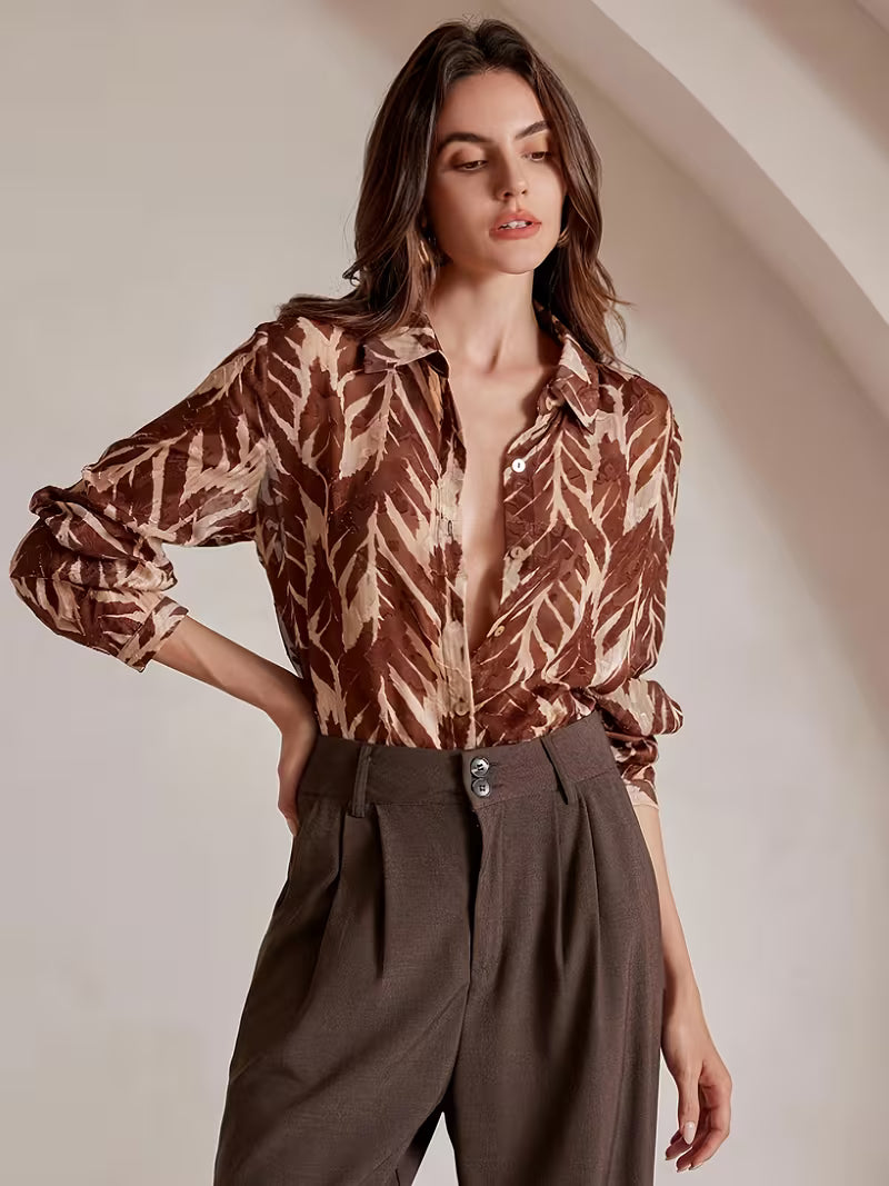 Vintage Tropical Leaf Print Long Sleeve Blouse