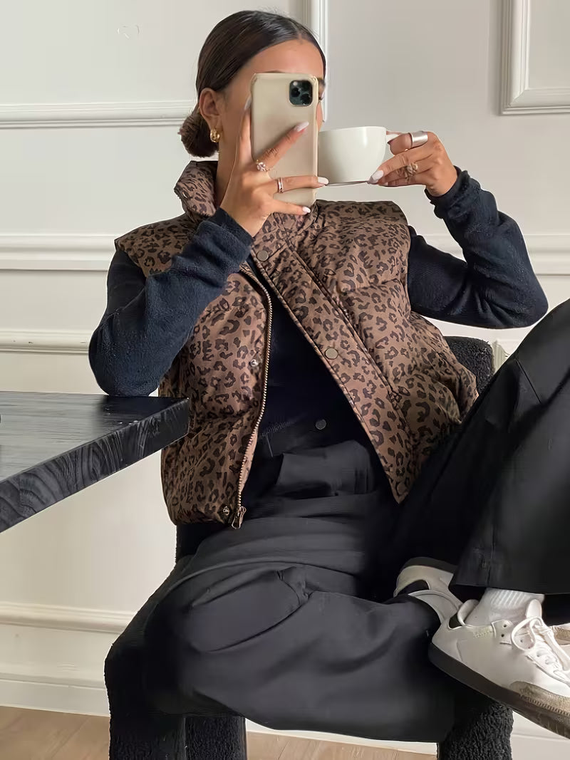 Elegant Leopard Puffer Vest