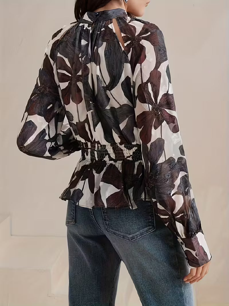 Floral Cutout High-Neck Long Sleeve Blouse
