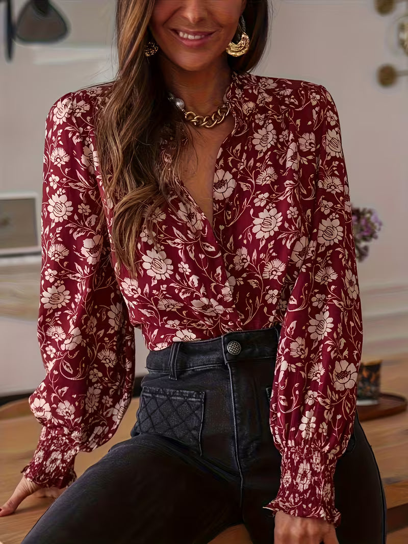 Burgundy Floral High-Collar Long Sleeve Blouse
