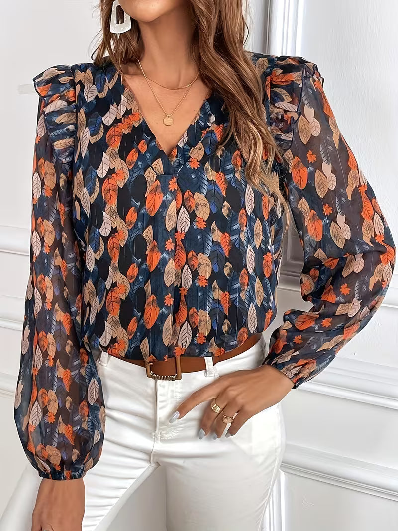 Floral Sheer V-Neck Long Sleeve Blouse