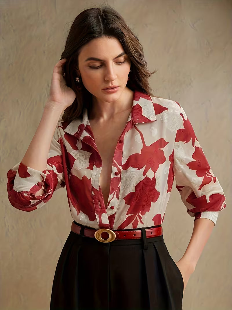 Red & Ivory Floral Long Sleeve Blouse