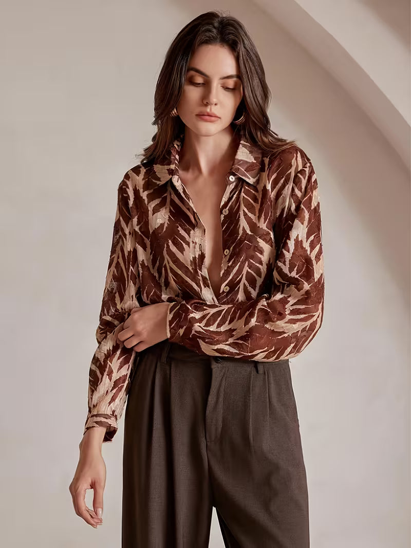 Vintage Tropical Leaf Print Long Sleeve Blouse