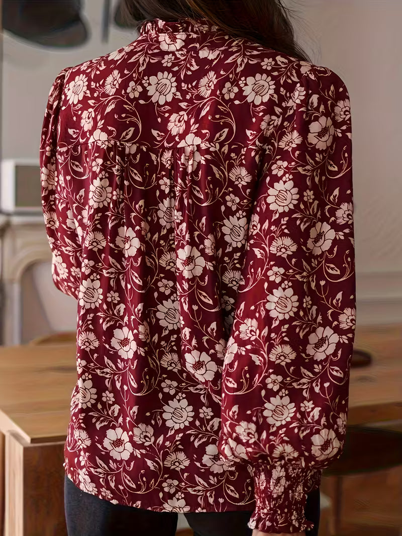 Burgundy Floral High-Collar Long Sleeve Blouse