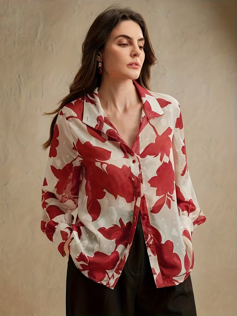 Red & Ivory Floral Long Sleeve Blouse