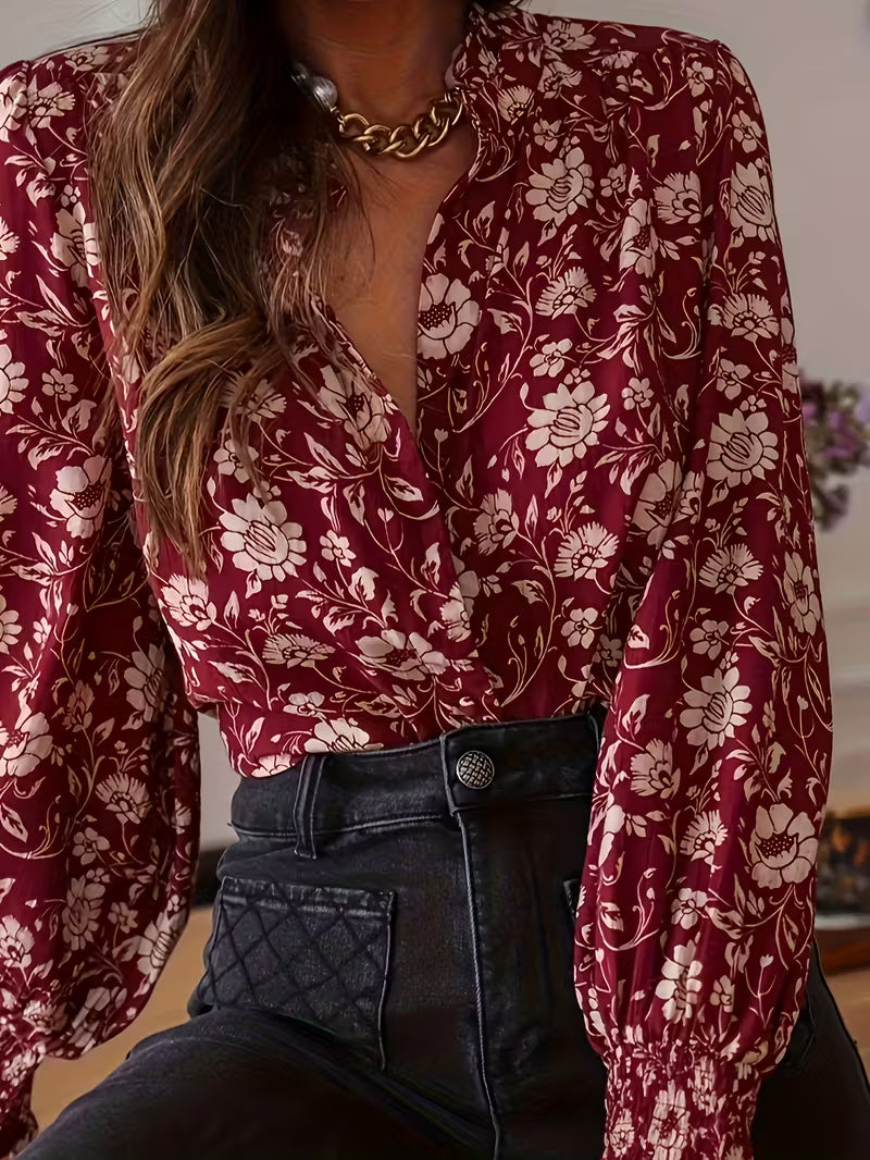 Burgundy Floral High-Collar Long Sleeve Blouse