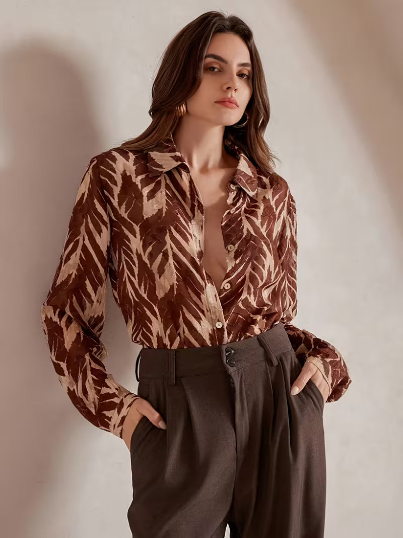 Vintage Tropical Leaf Print Long Sleeve Blouse