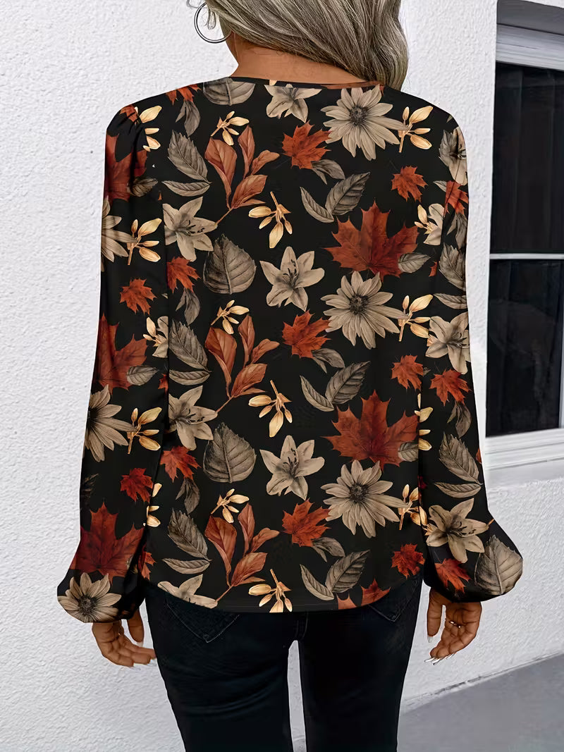 Autumn Floral V-Neck Long Sleeve Blouse