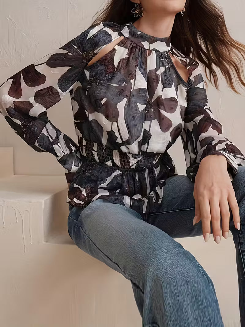 Floral Cutout High-Neck Long Sleeve Blouse