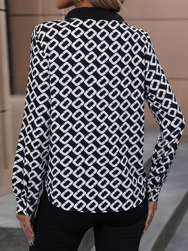 Geometric Print Long Sleeve Tie-Neck Blouse