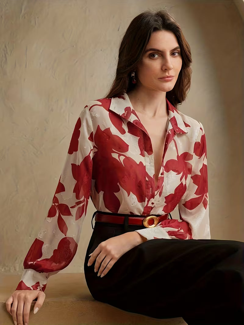 Red & Ivory Floral Long Sleeve Blouse