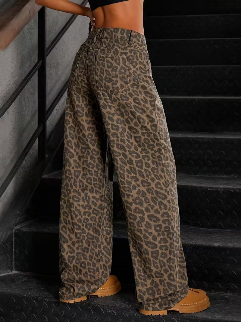 Leopard Print Straight-Leg Denim Pants